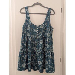 Urban Outfitters Green Floral Sleeveless Tiered Mini Dress W/ Button Front M